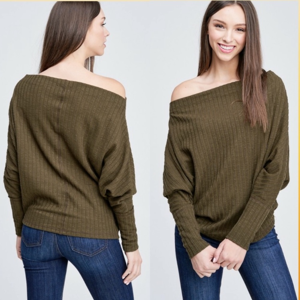 NEW Threadzwear Off the Shoulder Long Sleeve Olive Color Top